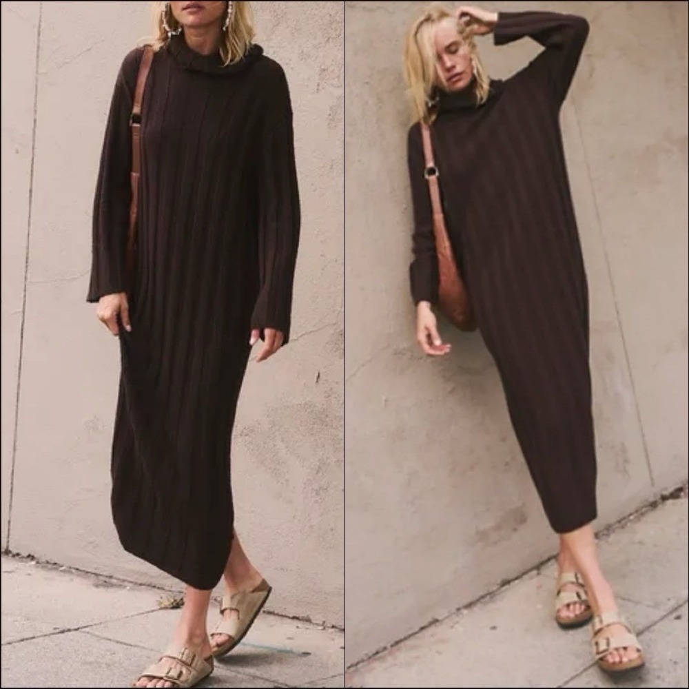 Free People Beach Wanda Sweater Dress XS Brown Ribbed Maxi Classic‎